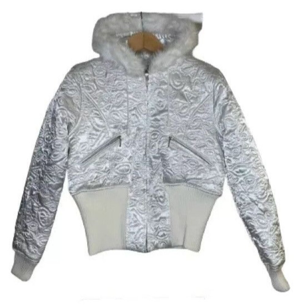 Chebella Jacket Juniors Large White Ribbed Full Zip Up Pockets Lined Hooded